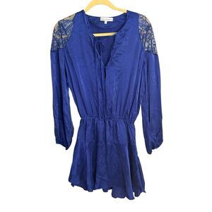 Karina Grimaldi Blue Silk Dress Lace Detail Long Sleeve Women’s Size Medium